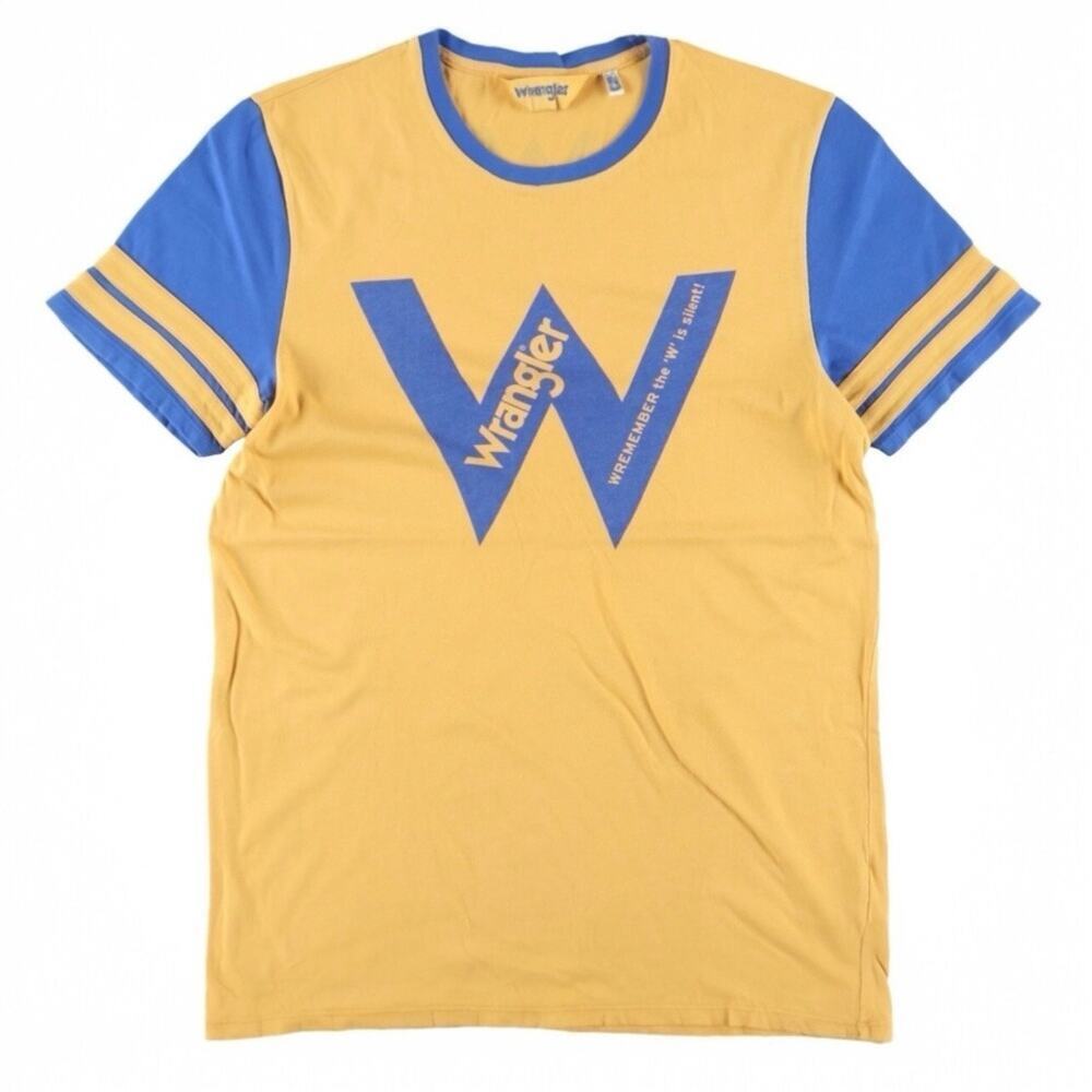 Wrangler Blue & Yellow Vintage Retro Inspired Baseball Ringer Tee Unisex Size M